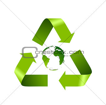 Green recycle logo and globe isolated on white
