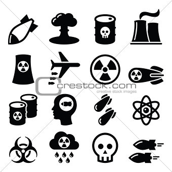Nuclear weapon, nuclear factory, war, bombs icons set