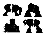 Four kissing couples silhouettes