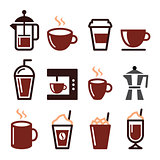 Coffee drinks, coffee makers icons set
