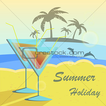 Summer holidays vector illustration set with cocktails, palms, sun, sky and sea.