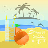 Beautiful seaside view with oranges and juice. Summer holiday vector background.