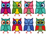 Set of eight amusing motley owls