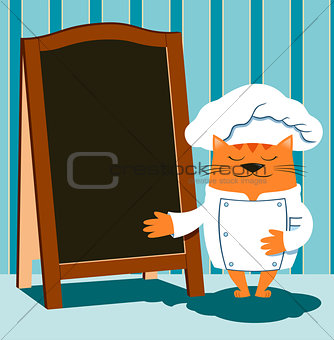 Cat chef in cartoon style shows a wooden menu board