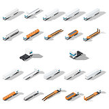 Trucks with semitrailers detailed isometric icon set, front and rear view