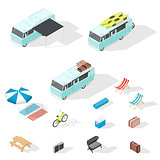 Motorhome and camping accessories isometric icons set
