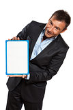 one business man holding showing whiteboard