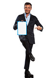 one business man holding showing whiteboard full length