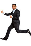 one business man running jumping double thumbs up
