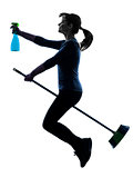 woman maid housework flying broom silhouette