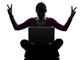 woman happy winning computing laptop computer silhouette