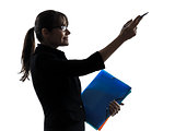 business woman showing pointing   holding folders files silhouet