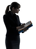 business woman  holding folders files writing silhouette