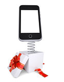 Gift box with red band and smartphone on spring