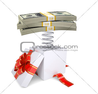 Gift box with red band and dollar packs on spring