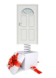Gift box with red band and white door on spring