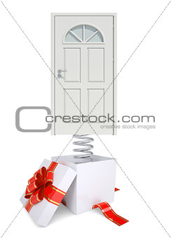 Gift box with red band and white door on spring