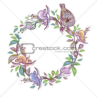 Vector Floral Frame with bird. Wreath perfect for wedding invitations and birthday cards.