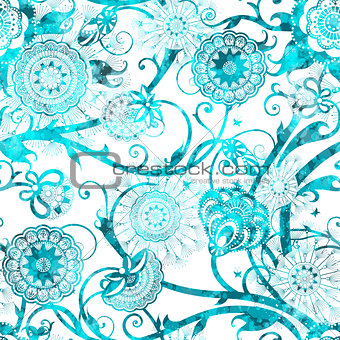 Seamless flowers wallpaper pattern. Vector background in blue. EPS10.