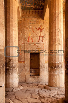 Hieroglyph walls and stone pillars in Queen Hatshepsut temple, 
