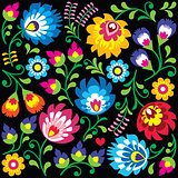 Floral Polish folk art pattern on black - Wzory Lowickie, Wycinanki
