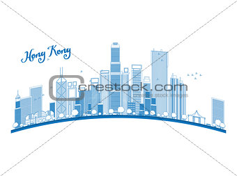 Outline Hong Kong skyline with blue skyscrapers and taxi