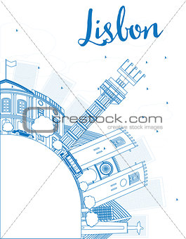 Outline Lisbon city skyline with blue buildings and copy space.