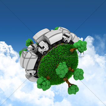 3D grassy globe with trucks and trees