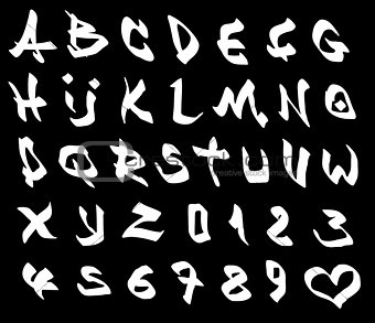 graffiti marker font and number alphabet over black