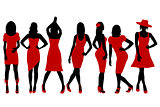Collection of women silhouettes in red dress