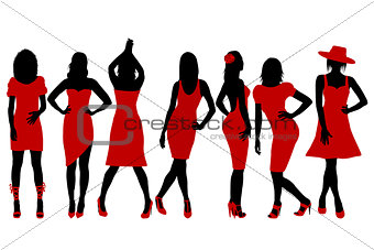 Collection of women silhouettes in red dress