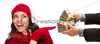 Mixed Race Young Woman Being Handed Thousands of Dollars