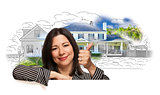 Woman with Thumbs Up Over House Drawing and Photo