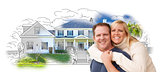 Hugging Couple Over House Drawing and Photo on White