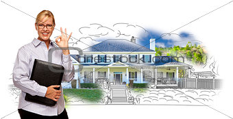 Woman with Okay Sign Over House Drawing and Photo