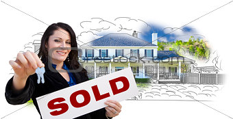 Woman, Keys, Sold Sign Over House Drawing and Photo on White