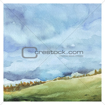 Field and forest. Watercolor background