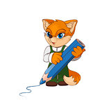 Cartoon fox character with big pencil.