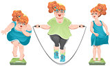 Fat woman stares at the scales. She lost weight. Thin red-haired girl standing on the scales
