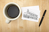 Note Card with House Drawing, Pen and Coffee