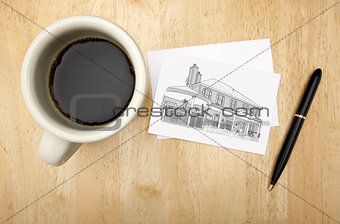 Note Card with House Drawing, Pen and Coffee