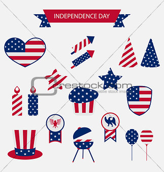 Icons Set USA Flag Color Independence Day 4th of July