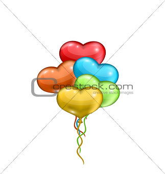 Bunch colorful balloons in the shape of hearts isolated on white