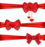 Set red gift bows ribbons with rose and heart, isolated on white