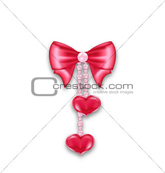 Pink gift bow ribbon with heart hanging on pearls, isolated on w