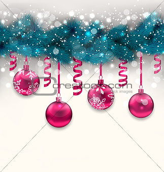 Holiday background with Christmas fir branches and glass balls, 