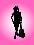 woman with guitar on pink background