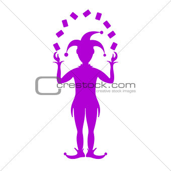 Purple silhouette of joker playing with cards