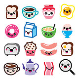 Kawaii breakfast food and beverages, cute vector icons set - toast, eggs, bacon, coffee