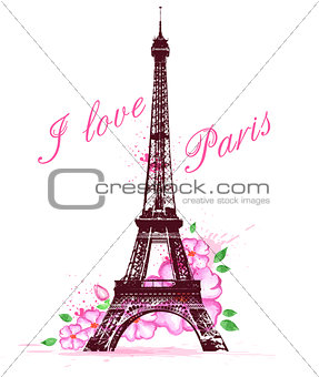 Pink watercolor flowers and Eiffel Tower
